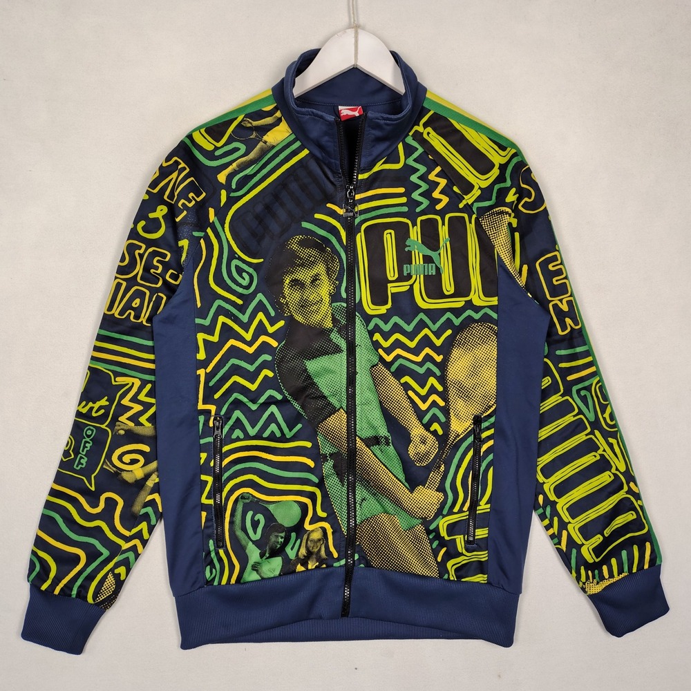 Puma Graphic Print Full Zip Track Jacket Navy Yellow Green Asian Size L 557677